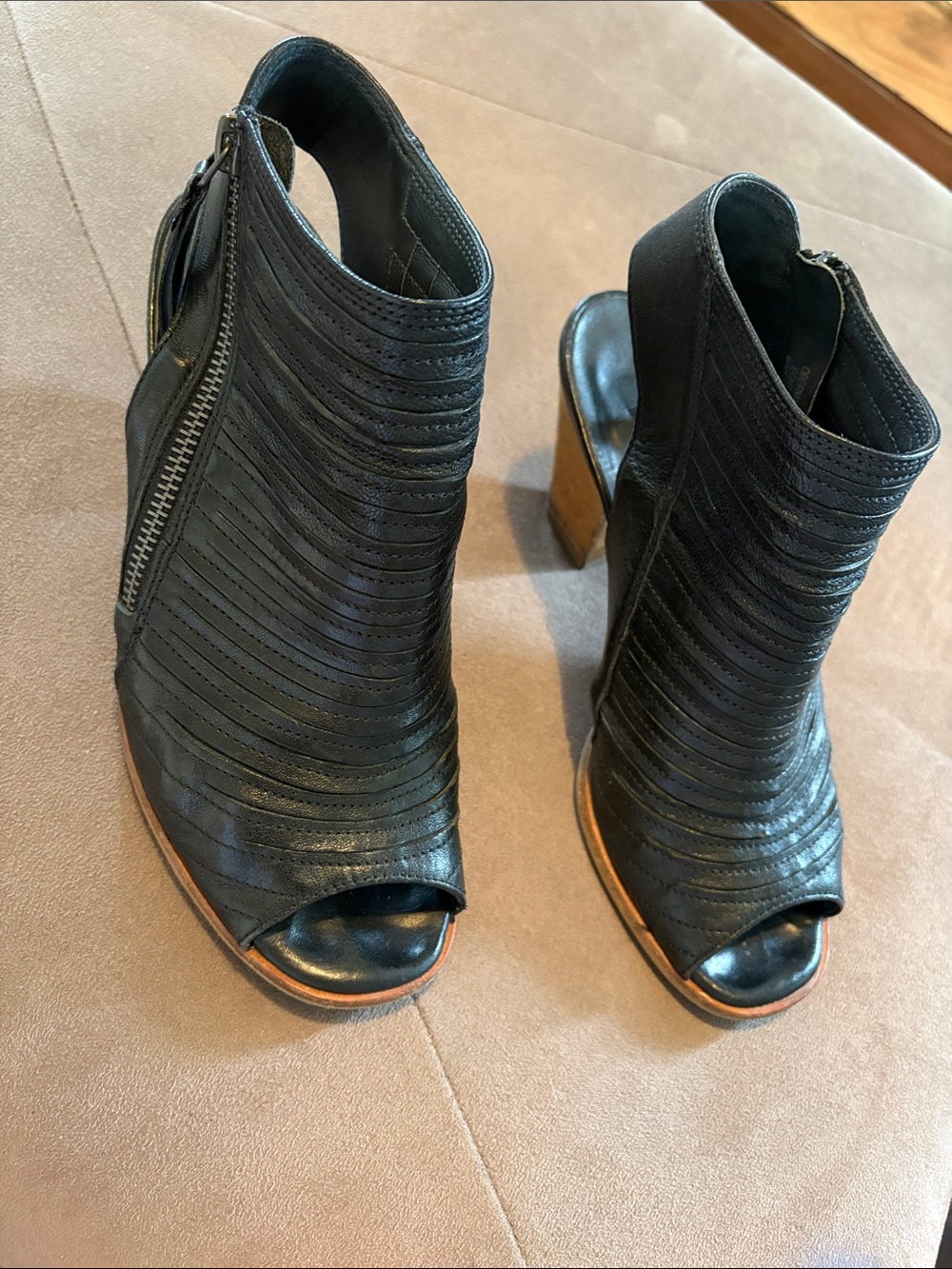 Paul Green Black Leather Peep-Toe Zip Ankle Heels